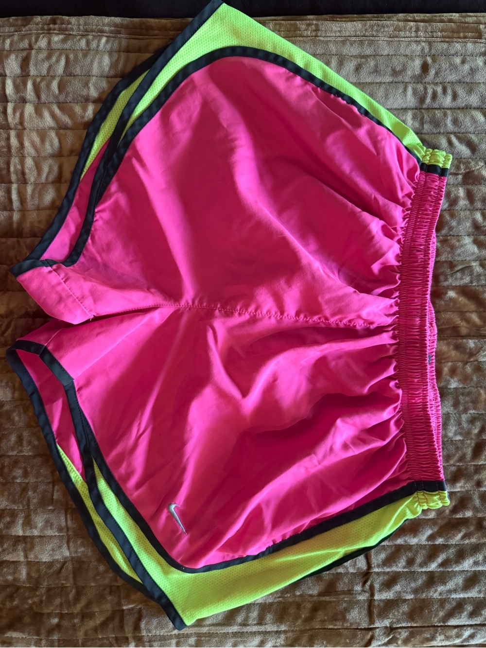 Nike Women's Pink and Neon Yellow Athletic Shorts